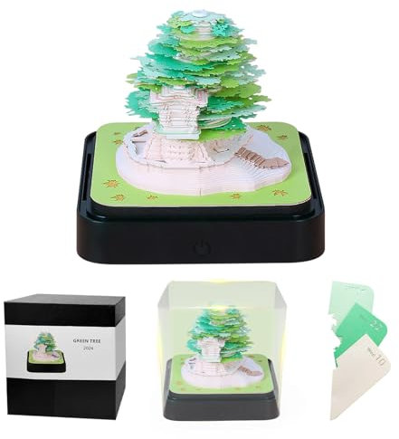 3D Memo & Scratch Pads Calendar 2024,Sakura Tree 3D Art Memo Pad With Lights -Time Piece Calendar DIY Carving Art Notepad. (Green)