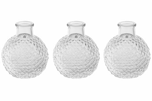 3er Set Kleine Glasvasen Rund – Ballon Vasen Transparent (9,5 cm, Ø 8 cm) – Karo Relief Blumenvasen – Tischdeko Hochzeit, Geburtstag & Wohn Deko