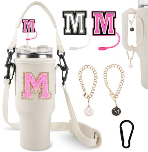 Initial A-Z Water Bottle Carrier Bag with Strap for Stanley 40oz Tumbler with 2 Letter Stanley Straw Topper Covers & 2 Letter Charm,Personalized Water Bottle Holder for Stanley Cup Accessories,Beige-M