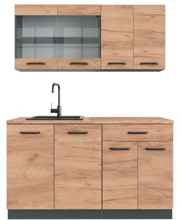 Vicco Singleküche R-Line, Küchenzeile Single, Goldkraft Eiche/Anthrazit, 140 cm, AP Eiche
