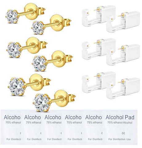WillTen 6Pcs Ohrloch Stecher Set Ohrlöcher Selber Stechen Set, Piercing Set Selber Stechen mit Built-in CZ Studs Ohrringe Selber Stechen, Ohrlochpistole Piercing Pistole Piercing Stechen Set Gold