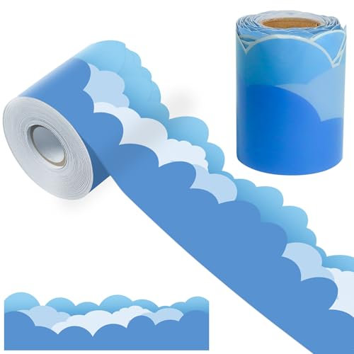 32 Fuß Bulletin Board Border blauer bordüre selbstklebend Rand aus Papier in Wolkenform zur Dekoration der Pinnwandränder, pinnwand rahmen Klassenzimmer, pinnwand dekoration eine Rolle blauem