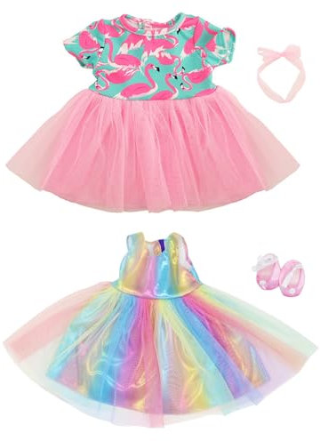 Puppenkleidung,Guador 43 cm Baby Puppenkleidung Zubehör Kleidung Kleidung 43 cm Puppen Regenbogen (Rosa Flamingo+Regenbogen Kleid Set,4-teilig)