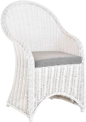 Esszimmer-Sessel Rattan Grau Rattan Korbsessel Esszimmerstuhl Korb Sessel Korbstuhl mit Armlehne Flechtsessel (mit Polster, Weiss)