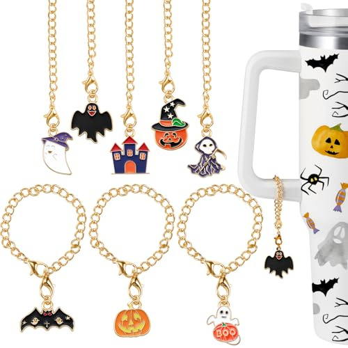 Landical 8 Pcs Tumbler Charms Halloween Cup Charms Halloween Themed Charm Accessories Halloween Pendants Pumpkin Ghost Bat Handle Charm for Mugs Cup Compatible with 20 30 40 oz Tumblers, Metal, No,