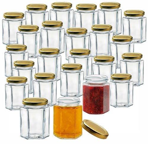Offer Shop 190ml Glass Jam Jars with Lids Storage Mason Jar with Gold Lid | Hexagonal Jars with Sticker Labels Airtight Food-Grade Containers for Jam, Spices, Pickles, Wedding Favours