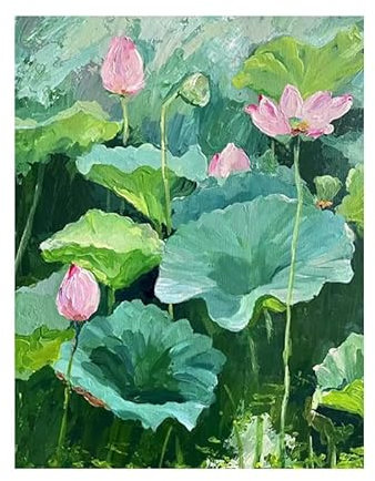 ACLCSHM Peinture À Lhuile Sur Toile Peinte À La Main,Décoration Murale Moderne Avec Feuilles De Lotus Vertes, Paysage, Peinture À L'Huile Peinte À La Main, Sans Cadre, Texture Originale, Peintu