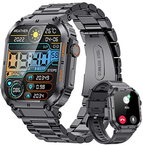 LIGE Smartwatch Herren Militärische mit Telefonfunktion,1.96'' HD Touchscreen,5ATM Wasserdicht,400mah Sportuhr,120+ Sportmodi Aktivitätstracker mit Blutdruck/Herzfrequenz/SpO2/Schlafmonitor Schwarz