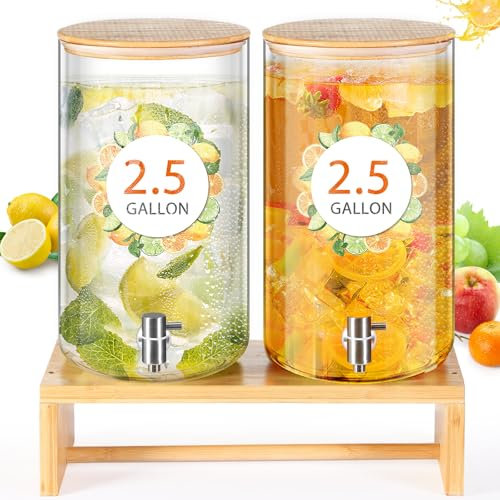 Honeydak 2 Stück 2,5 Gallonen Glas Getränkespender mit Ständer Glas Wasser Getränkespender mit Bambusdeckel und Edelstahl Zapfhahn Wasserglas auslaufsicher für Picknicks BBQ Limonade Saft Party