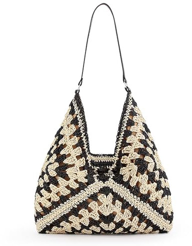 AdiStylinno Straw Hobo Bags for Women, Large Capacity Summer Woven Tote Bag with Button Snap Vintage Foldable Beach Bags Ladies Straw Shoulder Bag for Work Holiday Traveling Shopping Outdoors (Black)