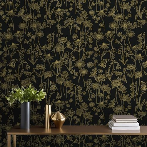 Fiula Selbstklebende Tapete Klebefolie Möbel Blumen Schwarz und Gold 44CMx2.5M Möbelfolie Selbstklebend Dekorfolie Vintage Vögel Bienen Wohnzimmer Schlafzimmer Wasserdicht Tapete Küche Wallpaper