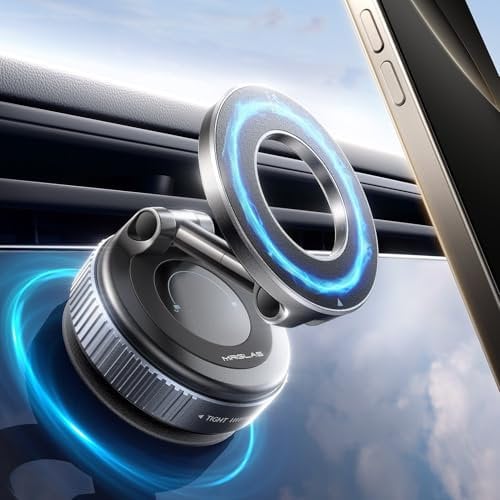 MRGLAS Support de téléphone portable magnétique 2025 amélioré pour support de voiture Magsafe, ventouse sous vide, puissance d'aspiration 89 + LBS et aimant le plus puissant de 2800 gf, rotatif à 360°