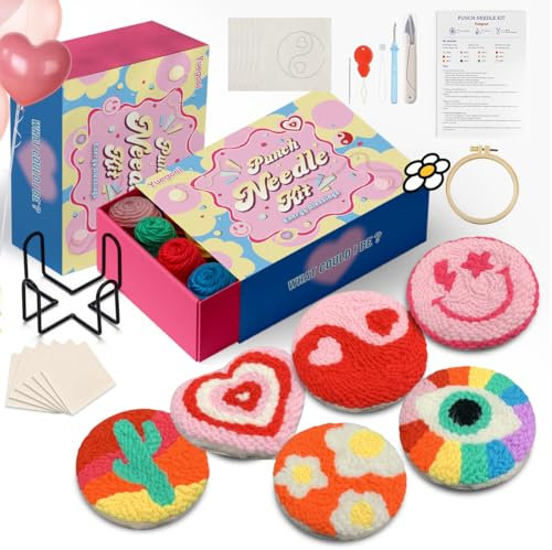 yuegool Kit de 6 sous-verres à aiguilles à poinçonner, kit de broderie facile à faire soi-même pour débutants, adultes et enfants, y compris des motifs de blanchiment d'énergie, des outils, des fils,