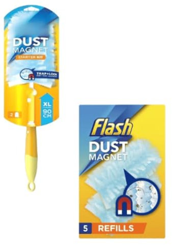 Flash Dust Magnet XL (Handle Extendable to 90cm), Duster Starter Kit Handle & Refills x 2pieces + Flash Dust Magnet Trap and Lock, Refill Pack, 5 Pieces