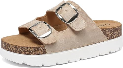 Sowdus Mules Sandales Femme en Liège Confortables Plateforme Claquette Été Bout Ouvert Mode Chaussons Boucle Réglable Plage Slippers Suédé Pantoufles à semelles épaisses Piscine Confort