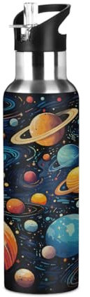 Mexpekil Space Planets Universe Painted Water Bottle with Straw Insulated Sports Stainless Steel Water Bottle Leakproof Drink Bottles for Kids Girls Boys School Running 600ml