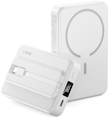 LVFAN Magnetic Power Bank for Mag-safe, 10,000mAh Wireless Portable Charger Built-in USB-C Cable, PD Fast Charging Travel Battery Pack for iPhone 17/16/15/14/13, Samsung Galaxy, Google Pixel -White