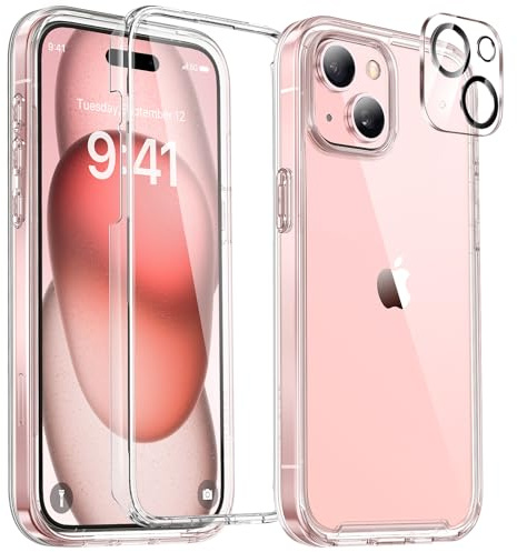 Miracase Glass Case for iPhone 15 Case 6.1-Inch, [Built-in 9H Tempered Glass Screen Protector + Camera Lens Protector] Full Body Bumper Clear Back Cover (Clear)