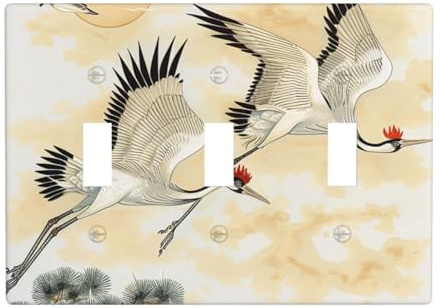 two Japanese cranes flying traditional painting Prints Wall Plate Decor Triple Toggle Switch Trim Panel, Decorative 3-Gang Switch Plate Outlet Cover