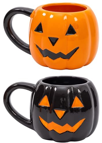 evelay Pumpkin Mugs Set of 2 - Black & Orange Ceramic Halloween Pumpkin Shaped Cups - for Hot Cold Drinks Coffee Tea