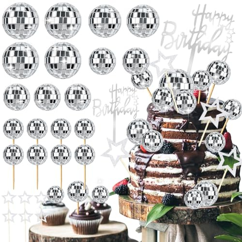 Zosutetoxo 36stück Happy Birthday Tortendeko Set, Disco Ball Kuchen Topper 1970er Party Deko Geschenk Geburtstagskuchen Dekoration