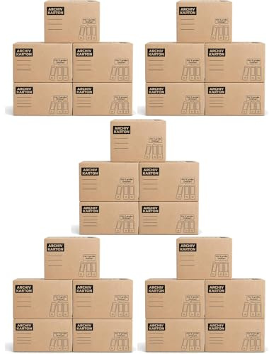 Archivkarton 25er Set A4 Ordnerbox Archivbox Wellpappe Braun Lagerkarton | BURI, für 5 Ordner, Steckdeckel, stapelbar bis 30 kg, Tragegriffe, Beschriftungsfeld, Büroorganisation, Dokumentenlagerung