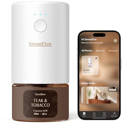 SenseFlow Aroma Diffuser für Ätherische Öle WiFi SF101S Pro, Wasserloser Ultraschall Duftstecker Raumduft, 100% pflanzlich Lufterfrischer, 120 Tage Aroma für Zuhause bis zu 100m² - Teak & Tobacco