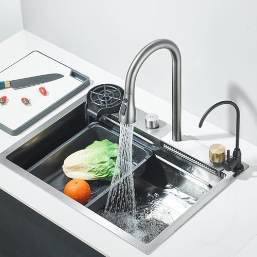 Cesinkin - Fregadero de cocina multifunción con alta presión, grifo extraíble y agua pura, 60 x 45 x 21 cm, fregadero automático y bandeja con escurridor
