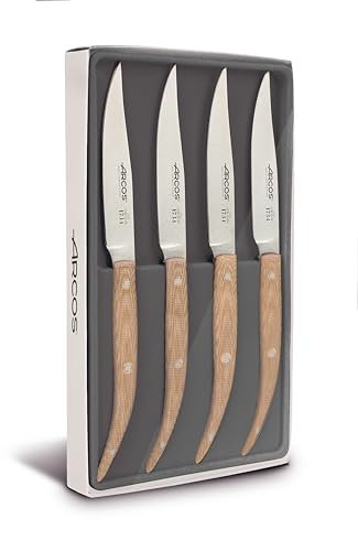 Arcos Serie Cuchillos de Mesa - Juego de Cuchillos de Mesa 4 piezas (Cuchillos Chuleteros) - Hoja Filo de Acero Inoxidable NITRUM de 110 mm - Mango Micarta Color Beige