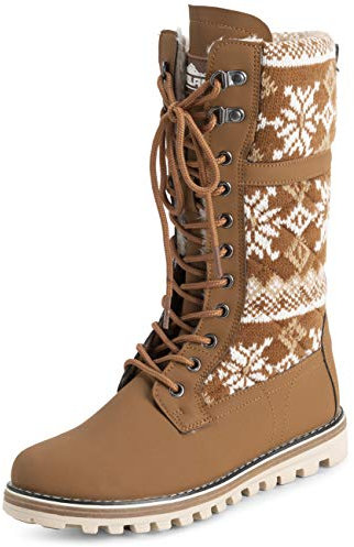 Polar Donna Pelliccia Ecologica Caldo Termica Impermeabile All'Aperto A Passeggio Neve Inverno Suola Di Gomma Calf Stivales - Tan A Maglia - UK3/EU36 - YC0611