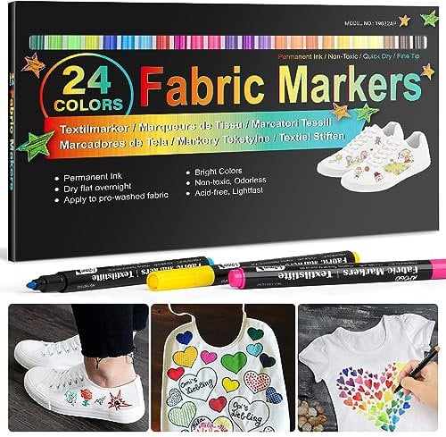 24 Fabric Pens Permanent for Clothes White T Shirt Design Kit Canvas Tote Bag Pillowcases Plain Cotton Bags Shoes Baby Shower Games, and Craft Paint Pens Art Markers for Adults Kids Gift