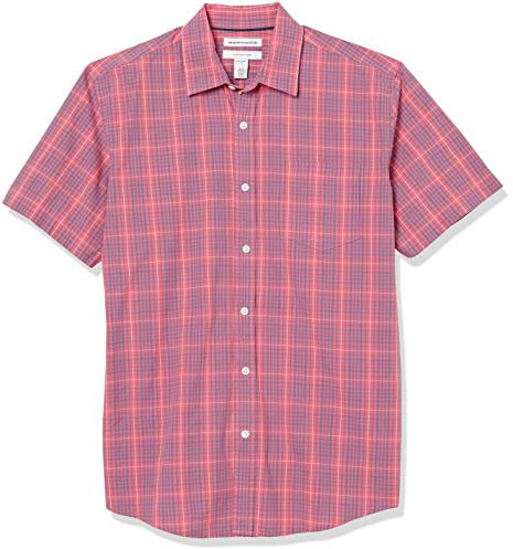 Amazon Essentials Men's Regular-Fit Short-Sleeve Poplin Shirt, Washed Red Plaid, L