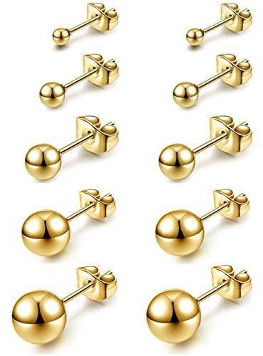 AllerPierce Hypoallergenic Gold Ball Earrings Studs Set Cartilage Earrings Stainless Steel Round Ball Studs Earrings for Women Men 3mm-8mm(10Pcs)