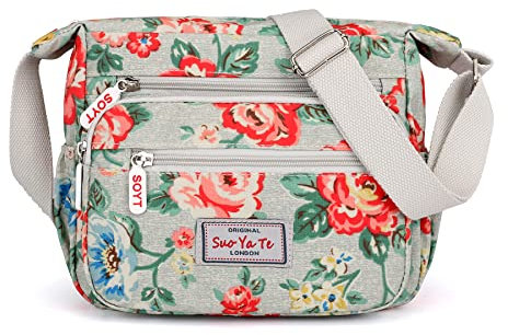YYW Damen-Umhängetasche mit mehreren Taschen, wasserdicht, Nylon, Floral-Grau, Einheitsgröße