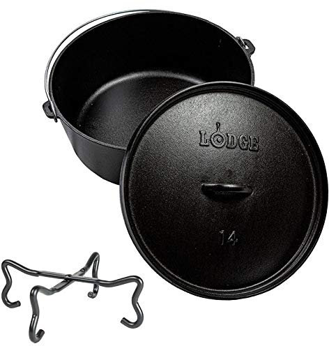 Dutch Oven I 14 Zoll Kochtopf Gußeisen für Feuerschale Grill Feuerstelle Camping Hockerkocher I Dutch-Oven Set mit Deckelheber I Dreibein Topf I Kesselgulasch Topf Feuertopf ca. 10 Liter