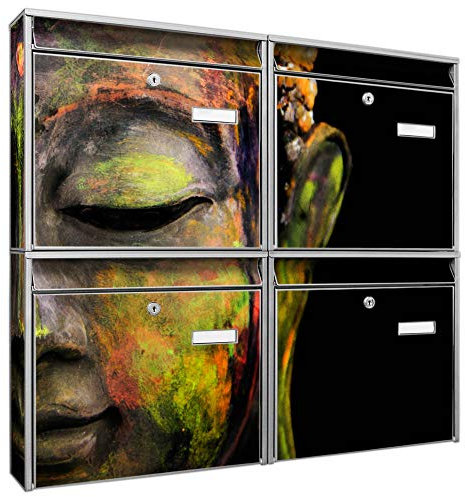 Briefkastenanlage 4 Fach | Postkästen 72x64x10cm groß | verzinkter Stahl schwarz DIN A4 Motiv Bunter Buddha | Briefkasten Set 4 Briefkästen Namensschild, 2 Schlüssel, Montagematerial
