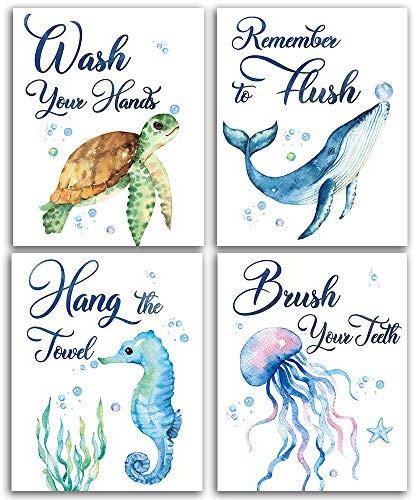 Wasserfarben-Kunstdruck-Set für Badezimmer, Wasserfarben, 20.3 x 25.4 cm, Meeresschildkröte, Seepferdchen, Fischwal, Qualle, Wand-Poster, Motiv: Blauer Ozean, Wanddekoration, kein Rahmen