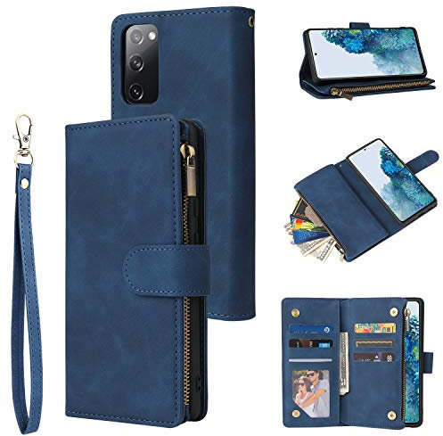 UEEBAI Coque pour Samsung Galaxy S20 FE 5G, Etui en Cuir PU Portefeuille Rétro Antichoc Flip Case Housse avec Fentes de Cartes Fonction Support, Fermeture Magnétique - Bleu