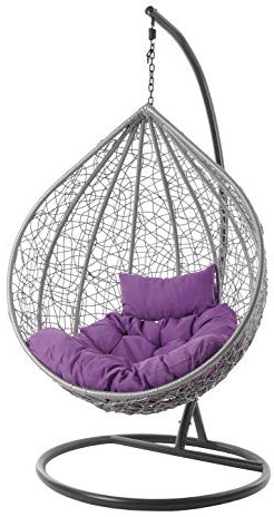 Kideo® Komplettset: großer Hängesessel mit Gestell & Kissen, Lounge Möbel, Poly-Rattan, XXL, grau (Kissen: lila Chesterstepp (4050 Violet))