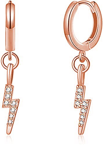 925 Sterling Silber Creolen mit Anhänger Blitz 14K Vergoldet I Ohrringe für Damen und Frauen mit Blitzanhänger I Kreolen hängend mit Steinen (Rosegold)