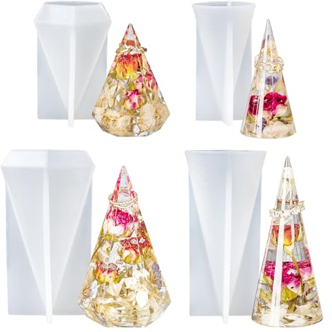 Let's Resin Ring Cone Moulds, 4 Pcs Holder Silicone Moulds for Resin, Pyramid Epoxy DIY Stand Holder, Jewelry Display Stand, Wedding Gift, Transparent