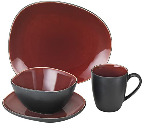 Van Well Elements Rot 16-tlg. Kombi-Service I 4 Personen I Geschirr-Set - Kaffee, Frühstück & Tafel I Je 4x Speiseteller, Frühstücksteller, Schalen & Kaffeebecher I Steingut