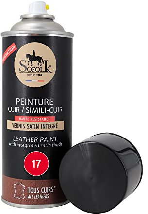 Sofolk - Peinture Cuir avec Vernis intégré - Recoloration Cuir Abimé, Rayé, Griffé, Décoloré : Volant, Siège Auto, Canapé, Chaussure, Veste et Vêtements - Aerosol - 17-Rouge