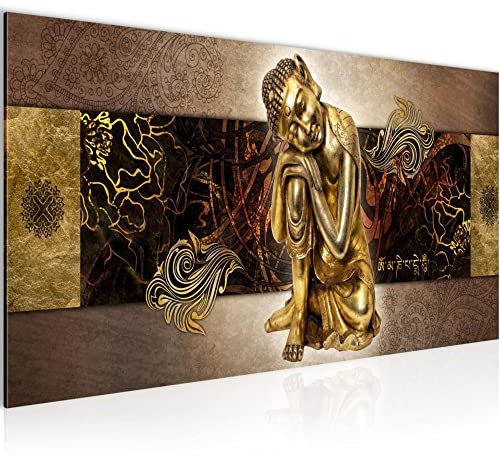 Runa Art Wandbild Buddha Zen 1 Teilig 100 x 40 cm Modern Bild auf Vlies Leinwand Feng Shui Wohnzimmer Schlafzimmer Gold 041312a