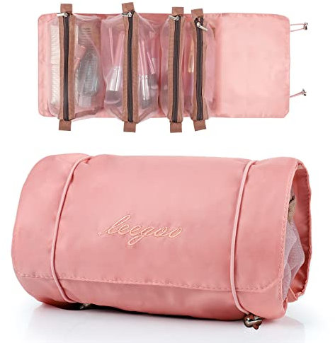 Czemo Trousse de Toilette à Suspendre de Voyage,Trousse Maquillage Femme Pliable Étanche Amovible 4 en 1 pour Voyage,Trousse de Toilette ou de Maquillage à Suspendre,Sac de Salle de Bain Rose