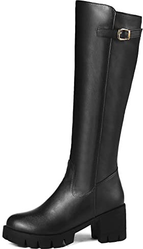 Diuniarza Stivali Alti Al Ginocchio da Donna con Tacco Medio, Stivaletto Tacco a Blocco Zip Punta Rotonda Boots Eleganti con Plateau, 19909Qgb Nero/Hm Numero 42 EU