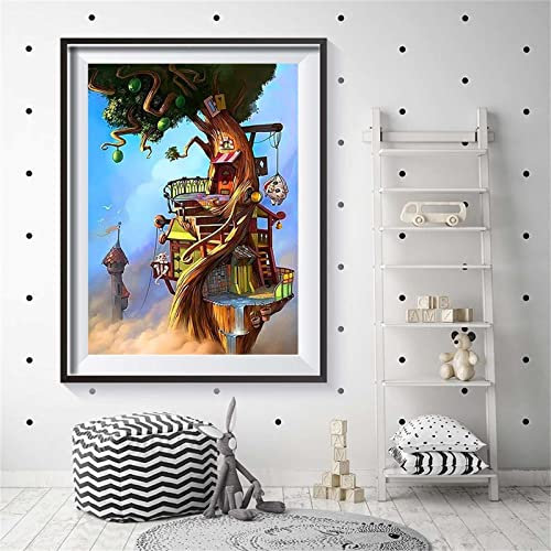 Cartoon-Baumhaus Malen nach Zahlen Erwachsene DIY Handgemalt Ölgemälde Malerei auf Leinwand Kinder Anfänger Malsets mit Pinseln Acrylic Paint by Numbers Kits Haus Wand Decor 60x75cm Mit Rahmen