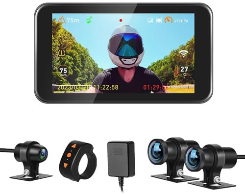 VSYSTO WiFi Motorcycle Dash Cam, Waterproof 4.5 Inch Screen GPS HD 1080P WDR 170° Wide Angle Front and Rear View Cameras Selfie Mode for Vlogging, Parking Monitoring Motorbike Camera System, G-sensor