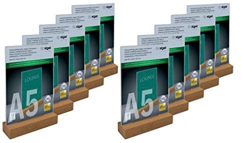 Sigel TA254 Tischaufsteller A5 hoch, mit Eichenholz-Sockel, 10er Pack, glasklares Acryl, Holz FSC-zertifiziert, Werbeaufsteller
