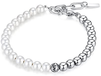 GAVU Bracelet pour Homme Perles de Coquillage Fleur de Lis Acier Inoxydable